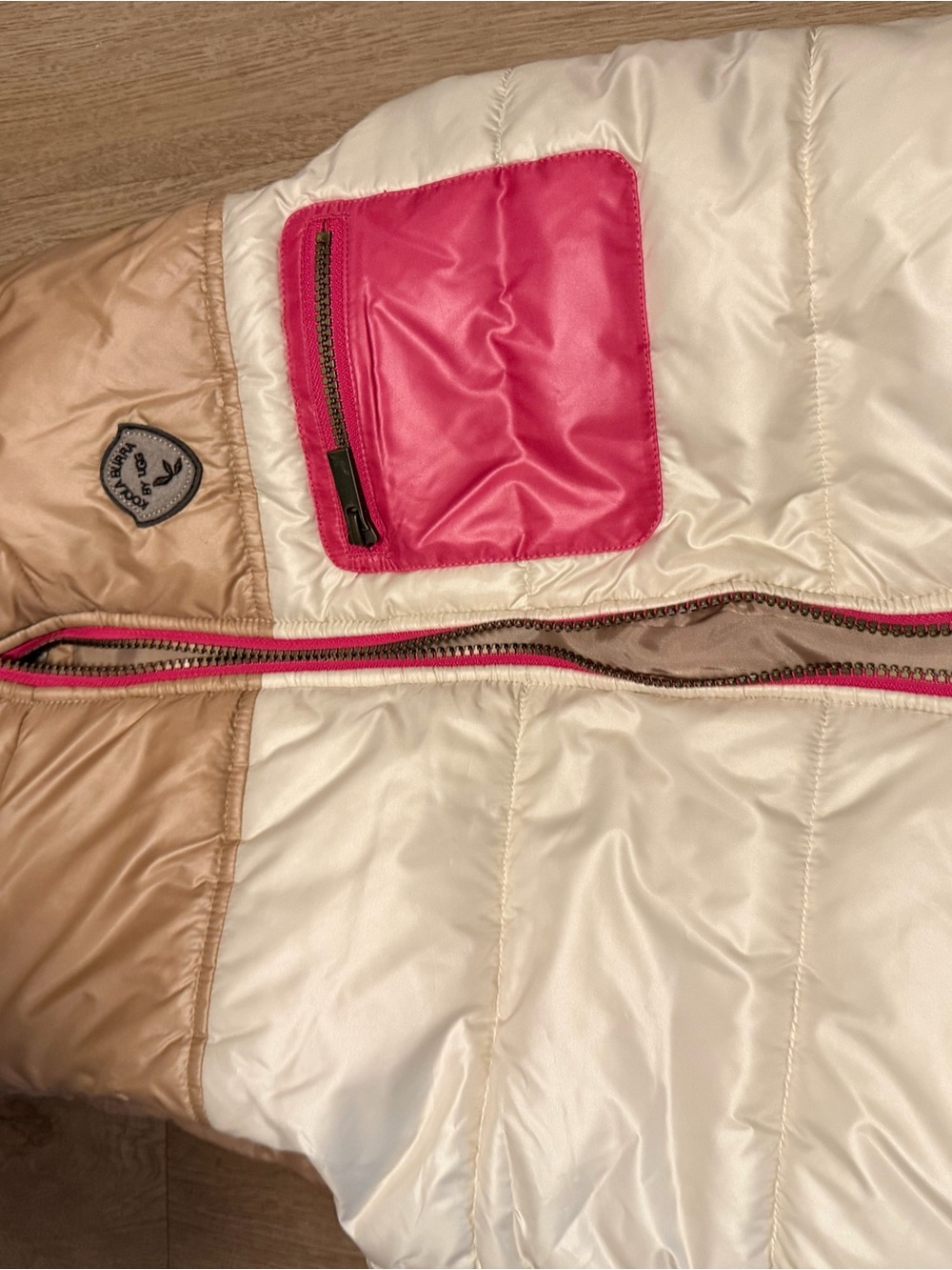 UGG Kids Two-Tone Puffer Jacket in Cream, Hot Pink and Tan
